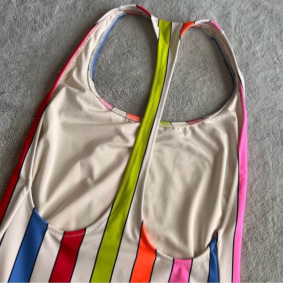 Aerie Neon Rainbow Multicolor Stripe Racerback Cutout One-Piece Swimsuit Small - Picture 8 of 14